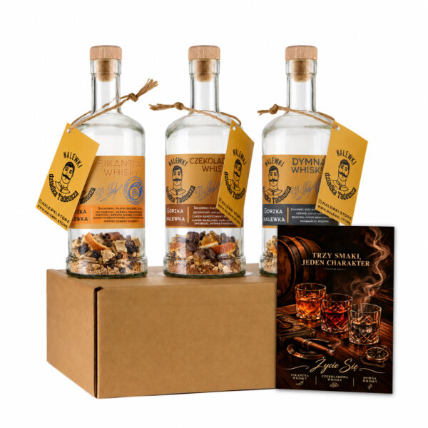 Whisky Trio: trzy butelki 500 ml z mieszankami Pikantna Whisky, Czekoladowa Whisky i Dymna Whisky na pudełku prezentowym